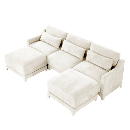 Three-Seater Sofa, 2 Movable Ottomans and Lumbar Pillow,Chenille Fabric,High-Resilience Sponge,High quality wooden base,Elegant Armrests, Easy Install,Suits Studies, Living Rooms,Beige