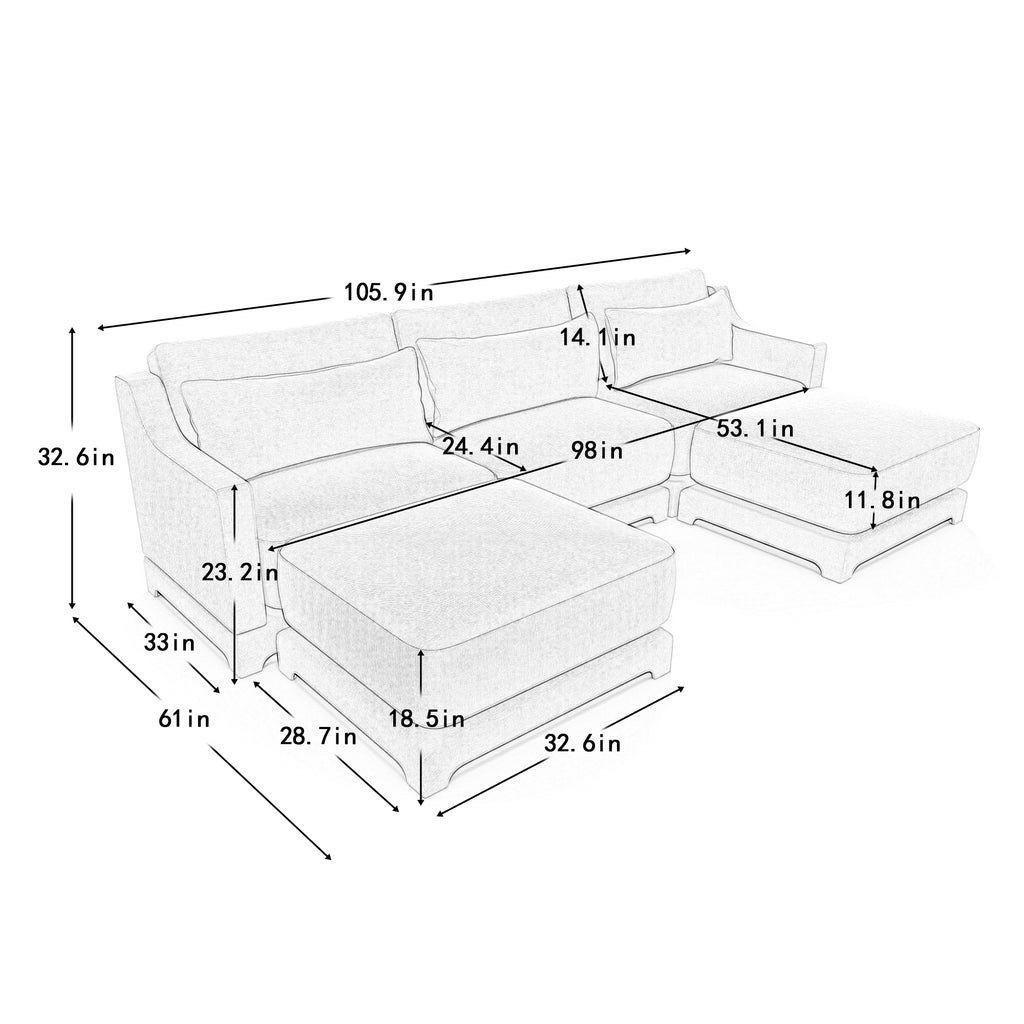 Three-Seater Sofa, 2 Movable Ottomans and Lumbar Pillow,Chenille Fabric,High-Resilience Sponge,High quality wooden base,Elegant Armrests, Easy Install,Suits Studies, Living Rooms,Beige