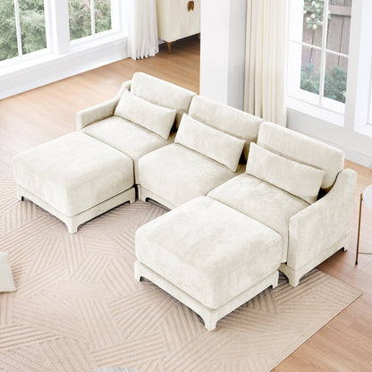 Three-Seater Sofa, 2 Movable Ottomans and Lumbar Pillow,Chenille Fabric,High-Resilience Sponge,High quality wooden base,Elegant Armrests, Easy Install,Suits Studies, Living Rooms,Beige