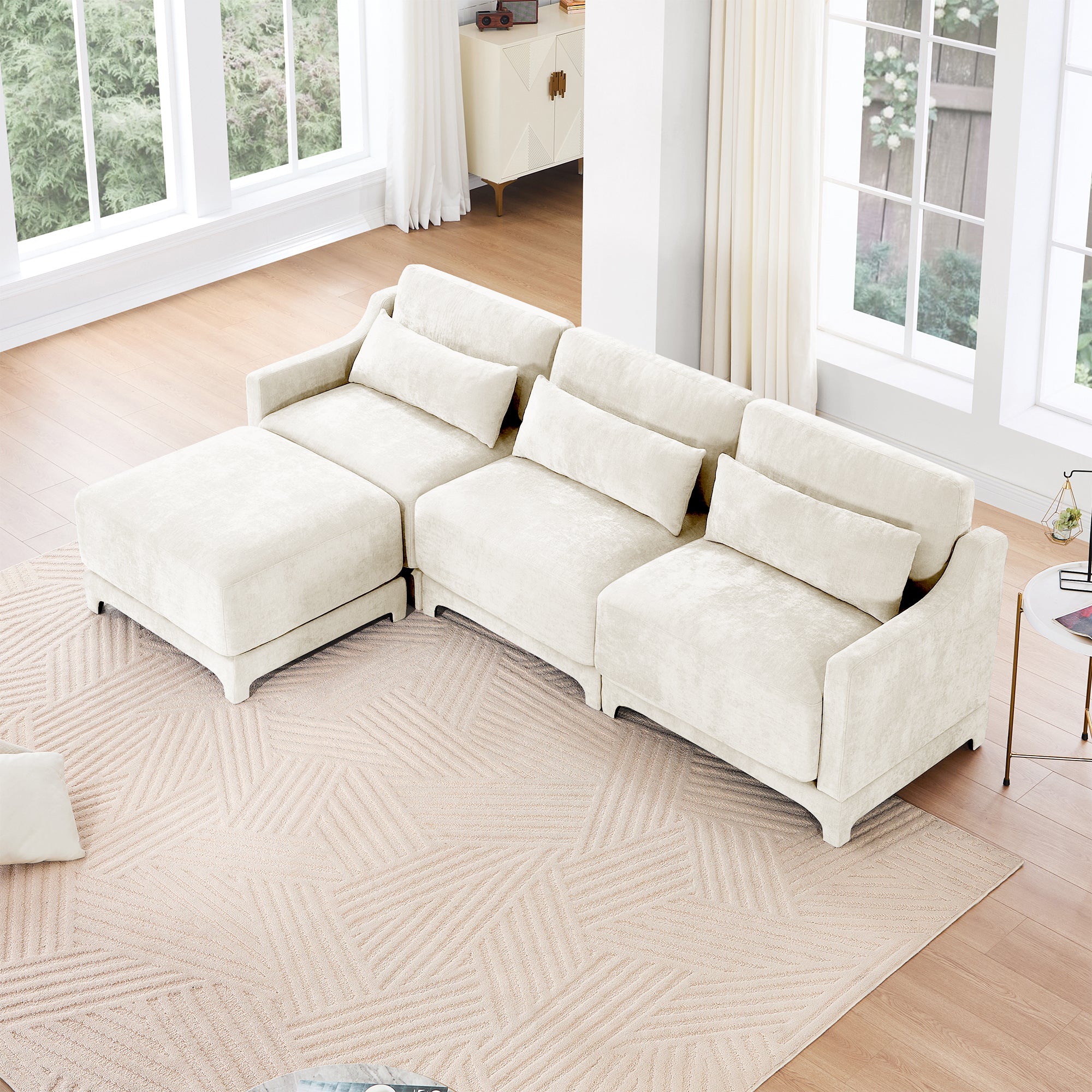 Three-seater Chenille sofa,Two movable ottomans,High-quality wood base, high-resilience sponge, easy install,Fits living rooms, studies,Beige