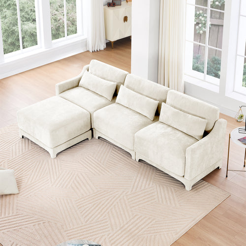 Three-seater Chenille sofa,Two movable ottomans,High-quality wood base, high-resilience sponge, easy install,Fits living rooms, studies,Beige