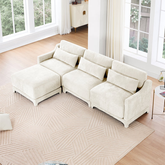 Three-seater Chenille sofa,Two movable ottomans,High-quality wood base, high-resilience sponge, easy install,Fits living rooms, studies,Beige