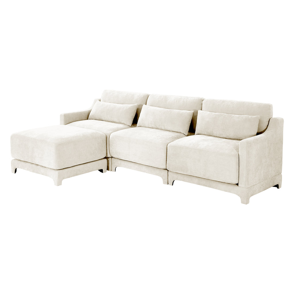 Three-seater Chenille sofa,Two movable ottomans,High-quality wood base, high-resilience sponge, easy install,Fits living rooms, studies,Beige