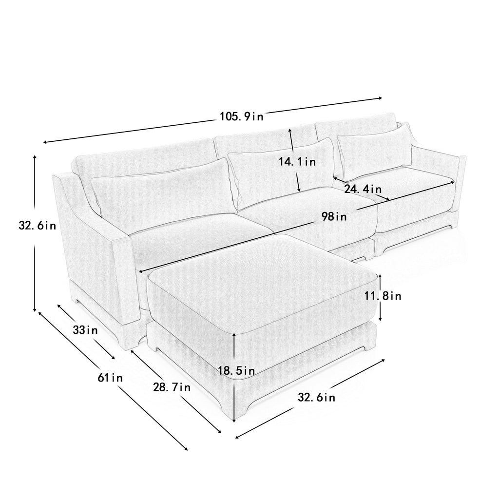 Three-seater Chenille sofa,Two movable ottomans,High-quality wood base, high-resilience sponge, easy install,Fits living rooms, studies,Beige