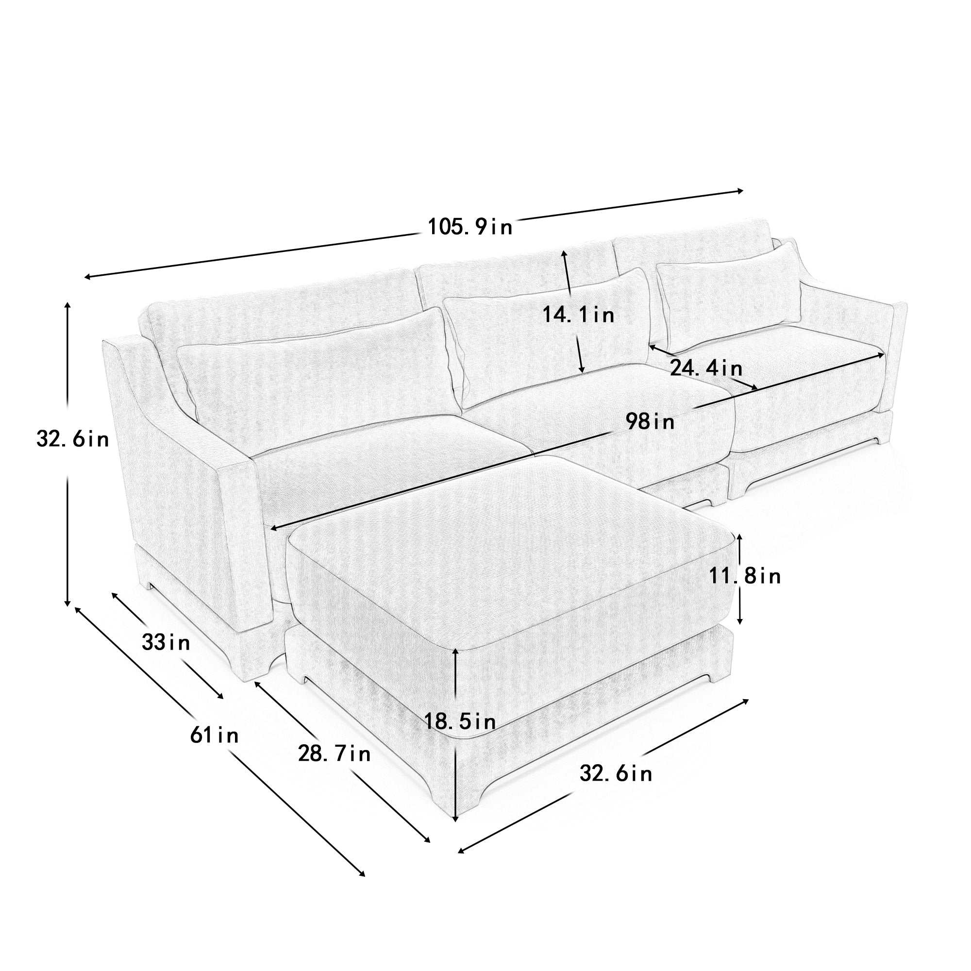 Three-seater Chenille sofa,Two movable ottomans,High-quality wood base, high-resilience sponge, easy install,Fits living rooms, studies,Beige