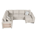 109" U-shaped Sectional Sofa Pull-out Sofa Bed with Two USB Ports, a Storage Chaise Lounge and Four Back Pillows for Living Room, Beige