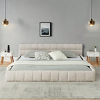 California King size Upholstered Bed Frame with Thick Fabric, Chenille Fabric Grounded Queen Size Platform Bed with Headboard and Solid Frame. No Box Spring Needed-Beige(90.5''*80.5''*31'')