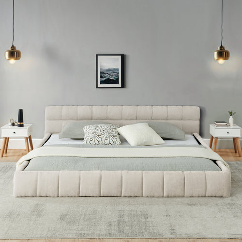California King size Upholstered Bed Frame with Thick Fabric, Chenille Fabric Grounded Queen Size Platform Bed with Headboard and Solid Frame. No Box Spring Needed-Beige(90.5''*80.5''*31'')