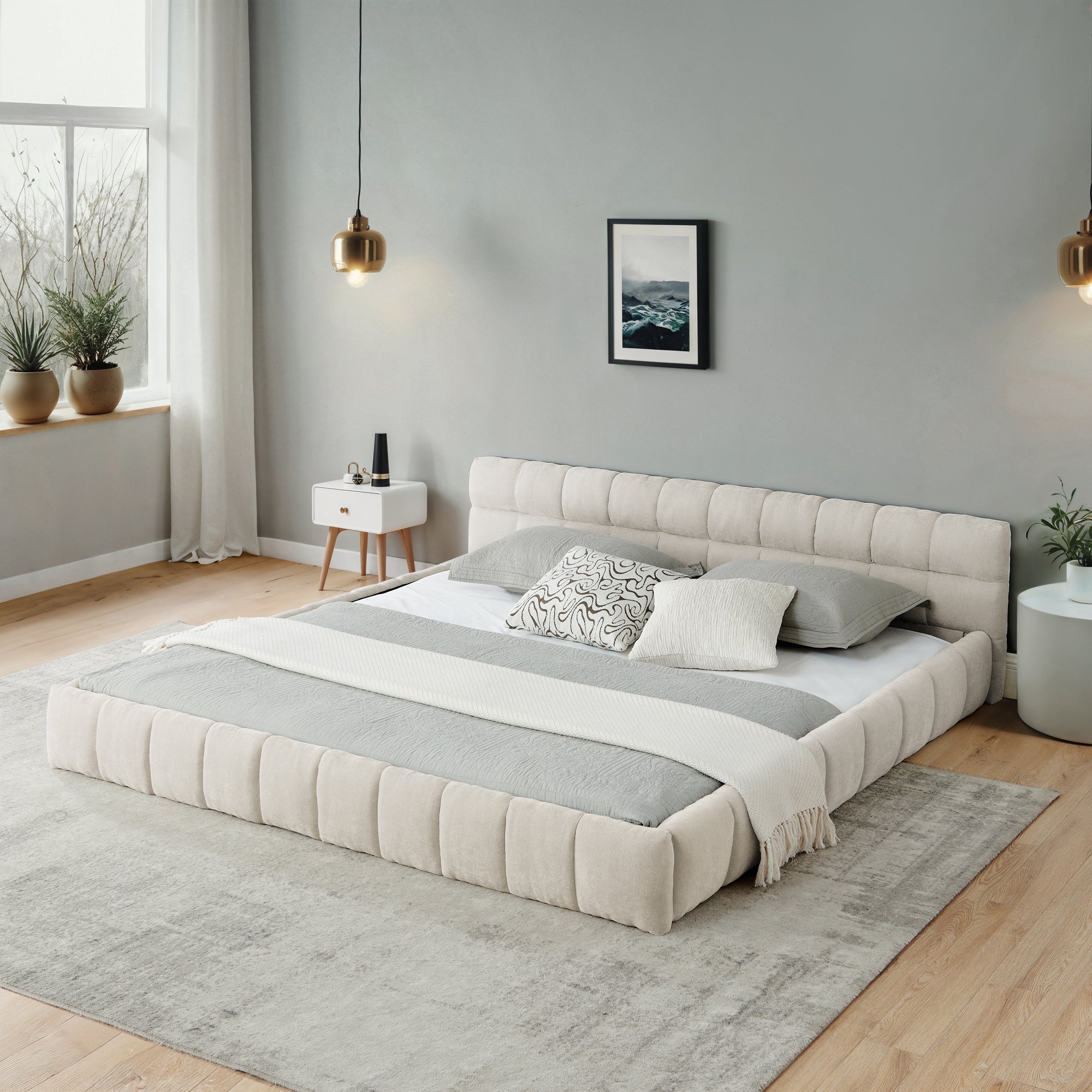 California King size Upholstered Bed Frame with Thick Fabric, Chenille Fabric Grounded Queen Size Platform Bed with Headboard and Solid Frame. No Box Spring Needed-Beige(90.5''*80.5''*31'')