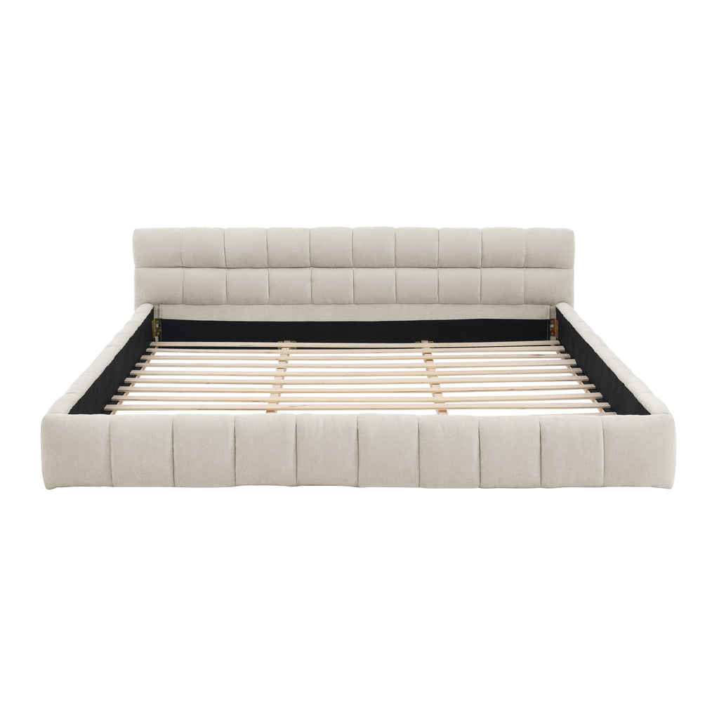 California King size Upholstered Bed Frame with Thick Fabric, Chenille Fabric Grounded Queen Size Platform Bed with Headboard and Solid Frame. No Box Spring Needed-Beige(90.5''*80.5''*31'')