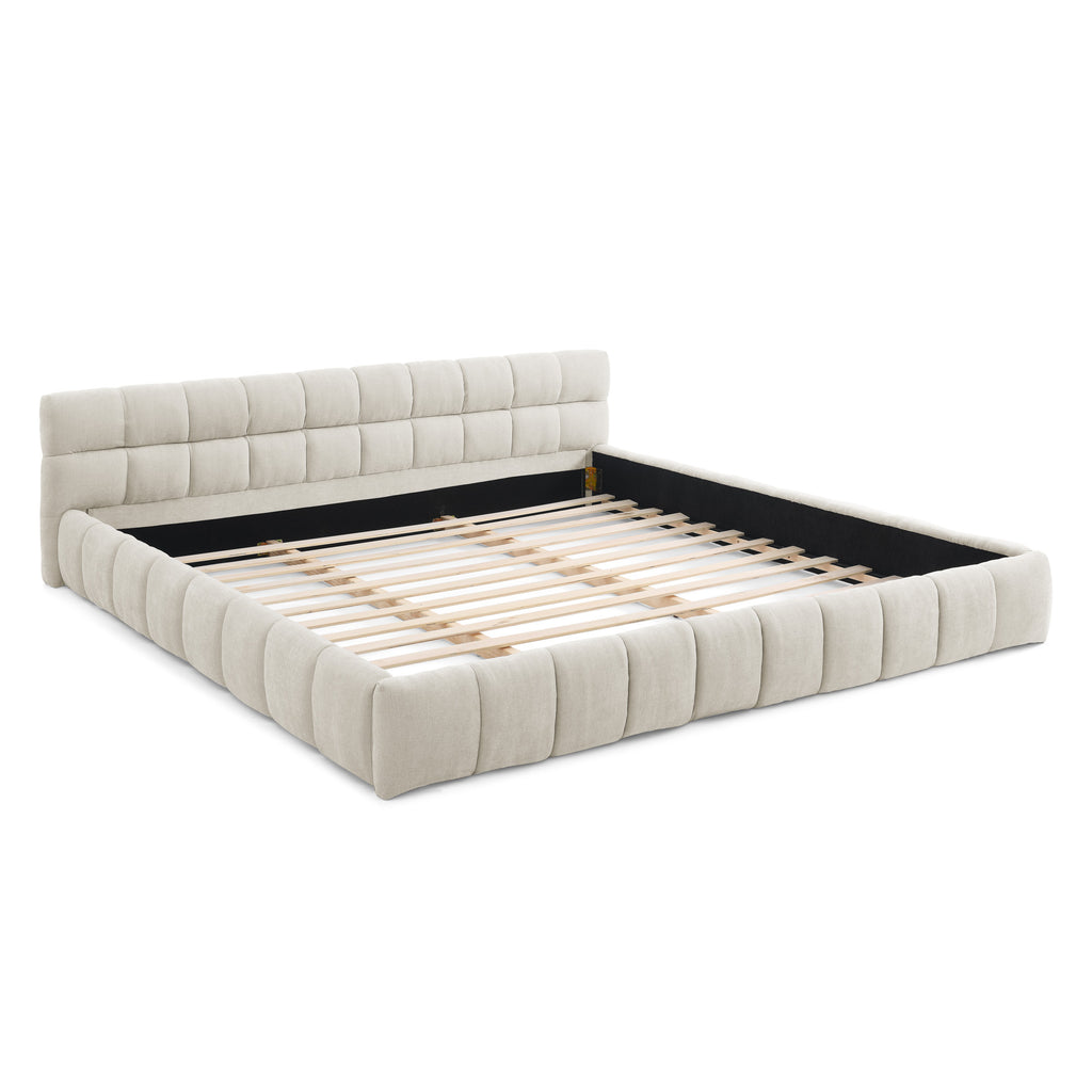 California King size Upholstered Bed Frame with Thick Fabric, Chenille Fabric Grounded Queen Size Platform Bed with Headboard and Solid Frame. No Box Spring Needed-Beige(90.5''*80.5''*31'')