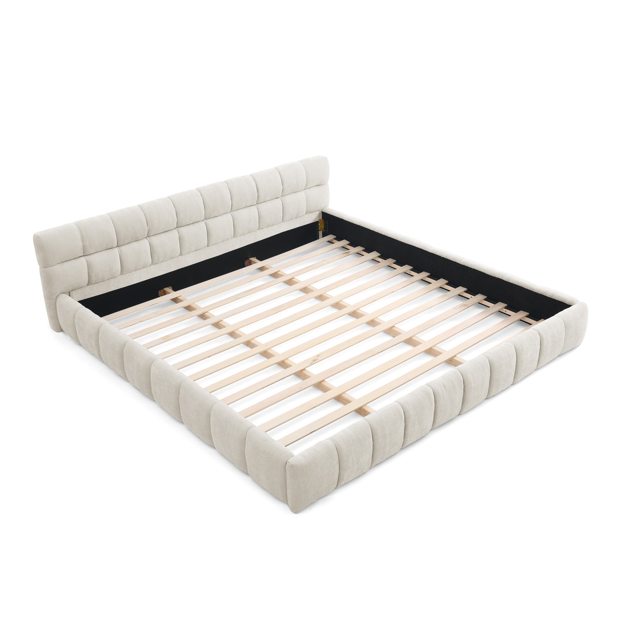 California King size Upholstered Bed Frame with Thick Fabric, Chenille Fabric Grounded Queen Size Platform Bed with Headboard and Solid Frame. No Box Spring Needed-Beige(90.5''*80.5''*31'')
