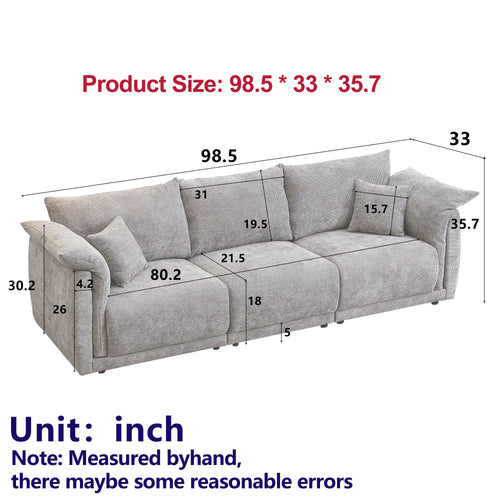 98.5' 3-seater sofa with unique design and soft arm pillows Contemporary style linen sofa with 3 comfortable cushions with 2 pillows Suitable for living room bedroom and office,beige
