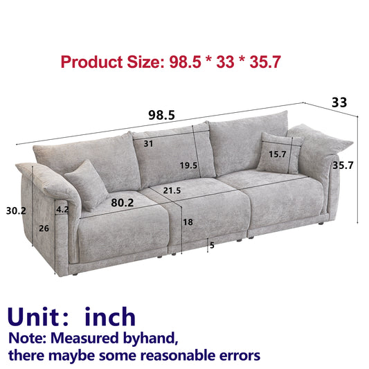 98.5' 3-seater sofa with unique design and soft arm pillows Contemporary style linen sofa with 3 comfortable cushions with 2 pillows Suitable for living room bedroom and office,beige