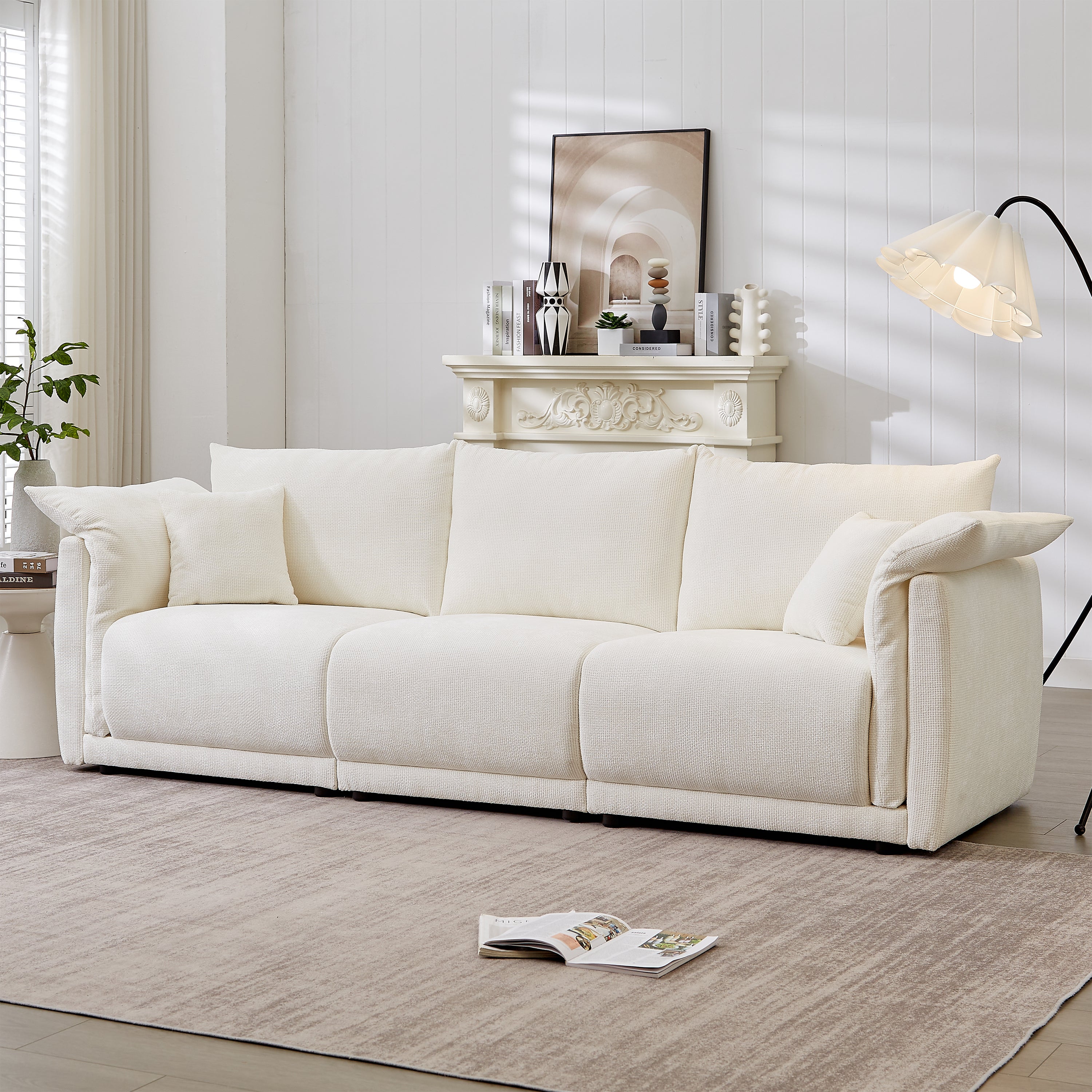 98.5' 3-seater sofa with unique design and soft arm pillows Contemporary style linen sofa with 3 comfortable cushions with 2 pillows Suitable for living room bedroom and office,beige