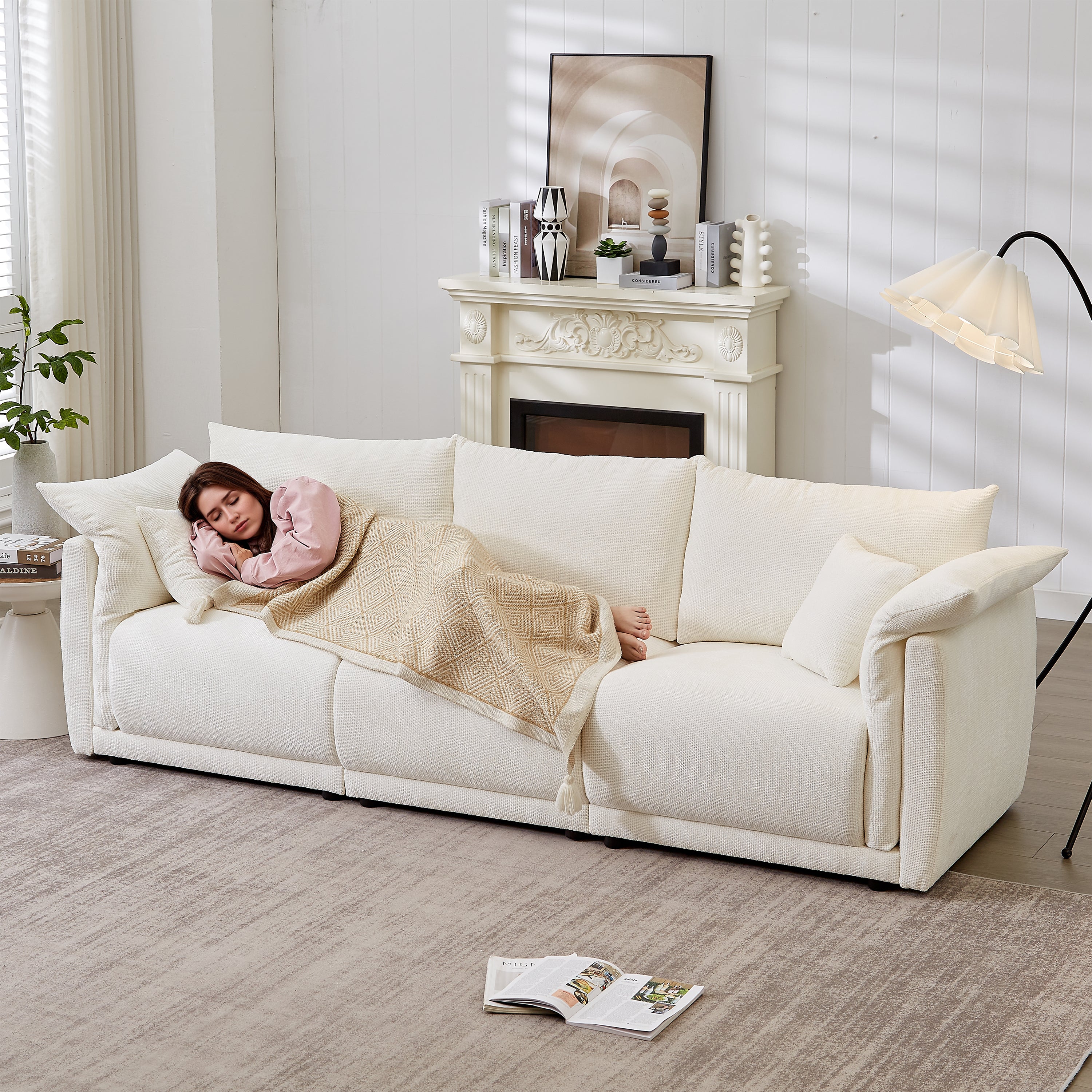 98.5' 3-seater sofa with unique design and soft arm pillows Contemporary style linen sofa with 3 comfortable cushions with 2 pillows Suitable for living room bedroom and office,beige