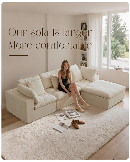 Cloud Modular Sectional Sofa, Oversized Sectional Couches for Living Room, Cushion Deep Seat Sofa Set, Corduroy L Shaped Couch with 1 Ottoman (Beige)