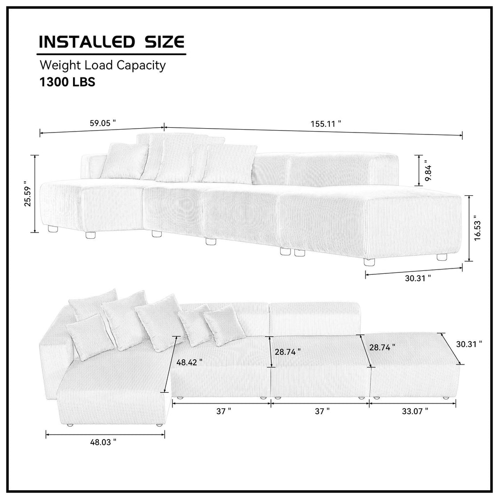 Soft Corduroy Sectional Modular Sofa 4 Piece Set, Small L-Shaped Chaise Couch for Living Room, Apartment, Office, Beige - Groovy Boardz