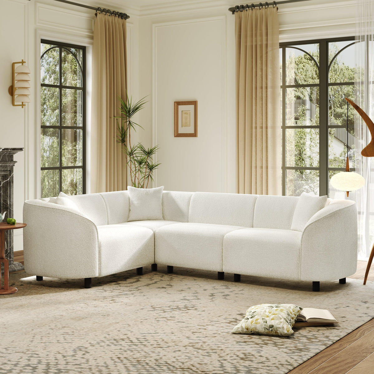 Beige Boucle L-Shaped Sectional Sofa