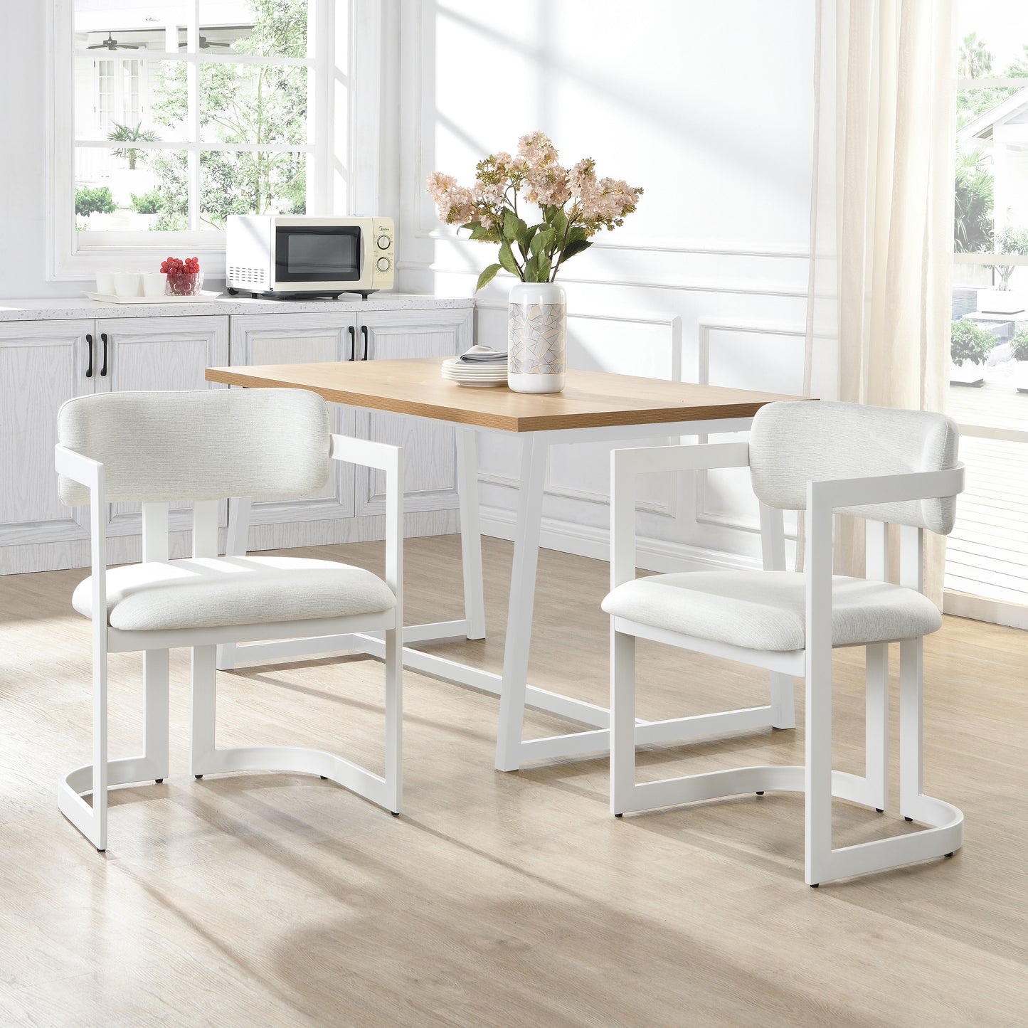 Upholstered Dining Chairs Set of 2, Fabric Armchairs with Beige Seating White Metal Frame, 265 LBS Weight Capacity