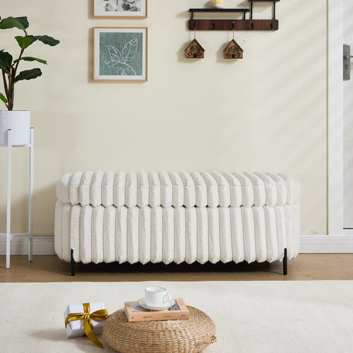 49.2' Wide Faux Fur Flip Top Storage Bench with Black Metal Legs, Bed End Stool Foot Rest for Living Room Entryway Dorm Bedroom,Beige
