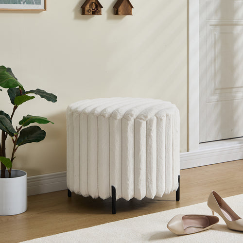 22.05'Wide Upholstered Round Pouf Ottoman Foot Rest with Black Metal Legs,Faux Fur Footstool for Living Room Bedroom Entryway. Beige