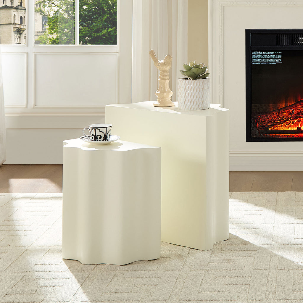 2PCS Set Side Table,Wavy Edges Design Fiberglass Coffee Table for Living Room,Bedroom,Modern Design End Table for Apartment,No Need Assembly