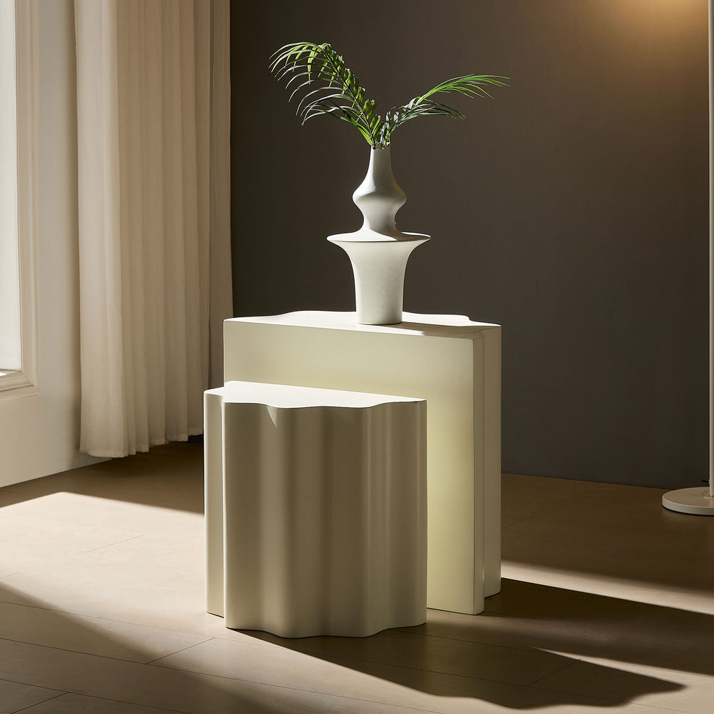 2PCS Set Side Table,Wavy Edges Design Fiberglass Coffee Table for Living Room,Bedroom,Modern Design End Table for Apartment,No Need Assembly