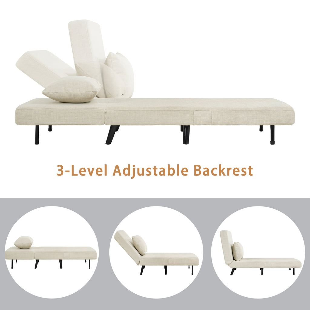 3 in 1 Foldable Linen Chaise Lounge with Adjustable Backrest, Footrest & Detachable Pillow, Convertible Chair Bed, Accent Chair, Small Space Sofa Bed for Living Room, Bedroom and Office, Beige