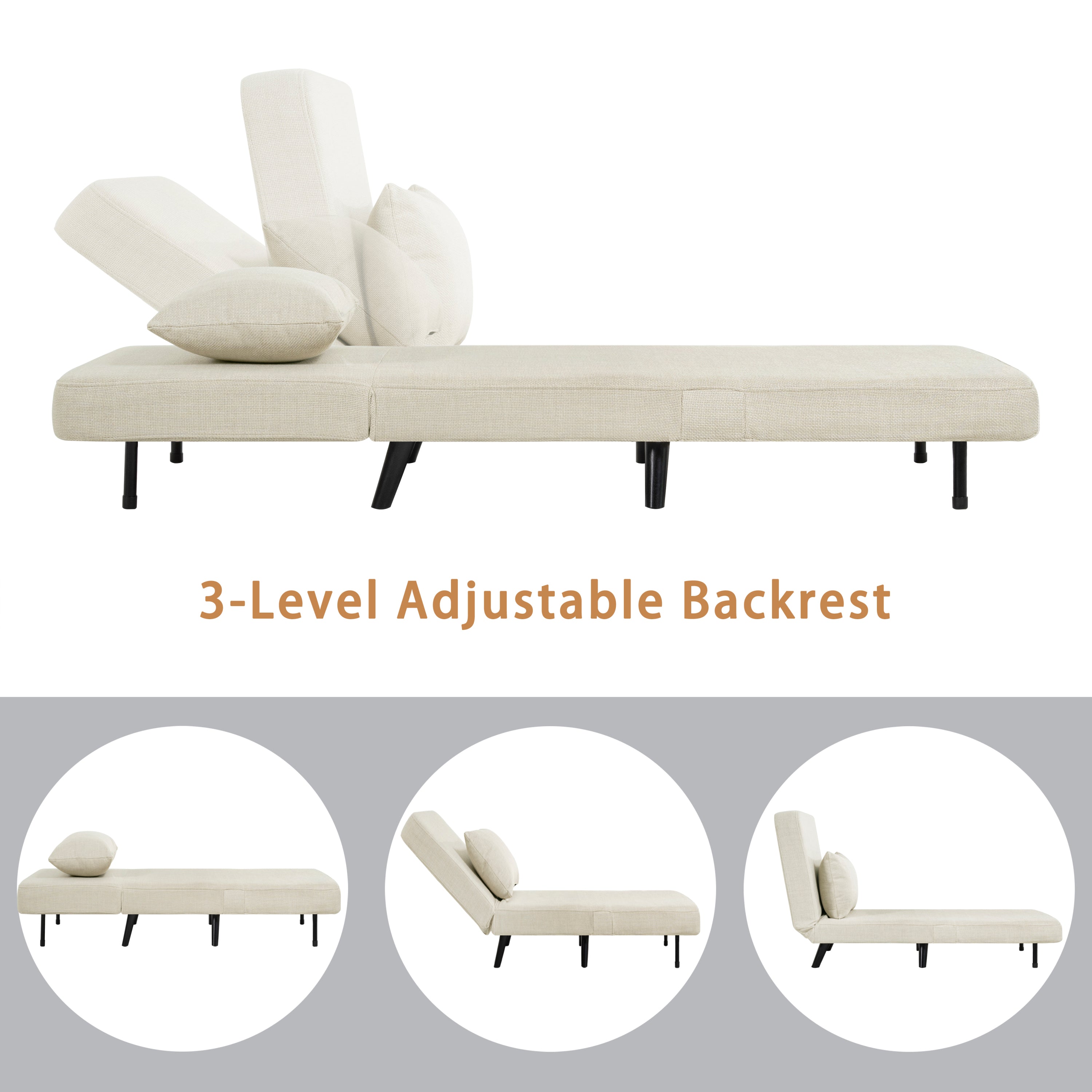 3 in 1 Foldable Linen Chaise Lounge with Adjustable Backrest, Footrest & Detachable Pillow, Convertible Chair Bed, Accent Chair, Small Space Sofa Bed for Living Room, Bedroom and Office, Beige