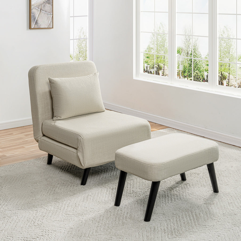 3 in 1 Foldable Linen Chaise Lounge with Adjustable Backrest, Footrest & Detachable Pillow, Convertible Chair Bed, Accent Chair, Small Space Sofa Bed for Living Room, Bedroom and Office, Beige