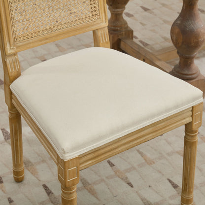 French Decor Chairs Set of 2, Louis Dining Chairs with Square Rattan Backrest and Exquisitely Carved Solid Wood Frame for Living Room, Kitchen, Restaurant,SW1779BG, Beige