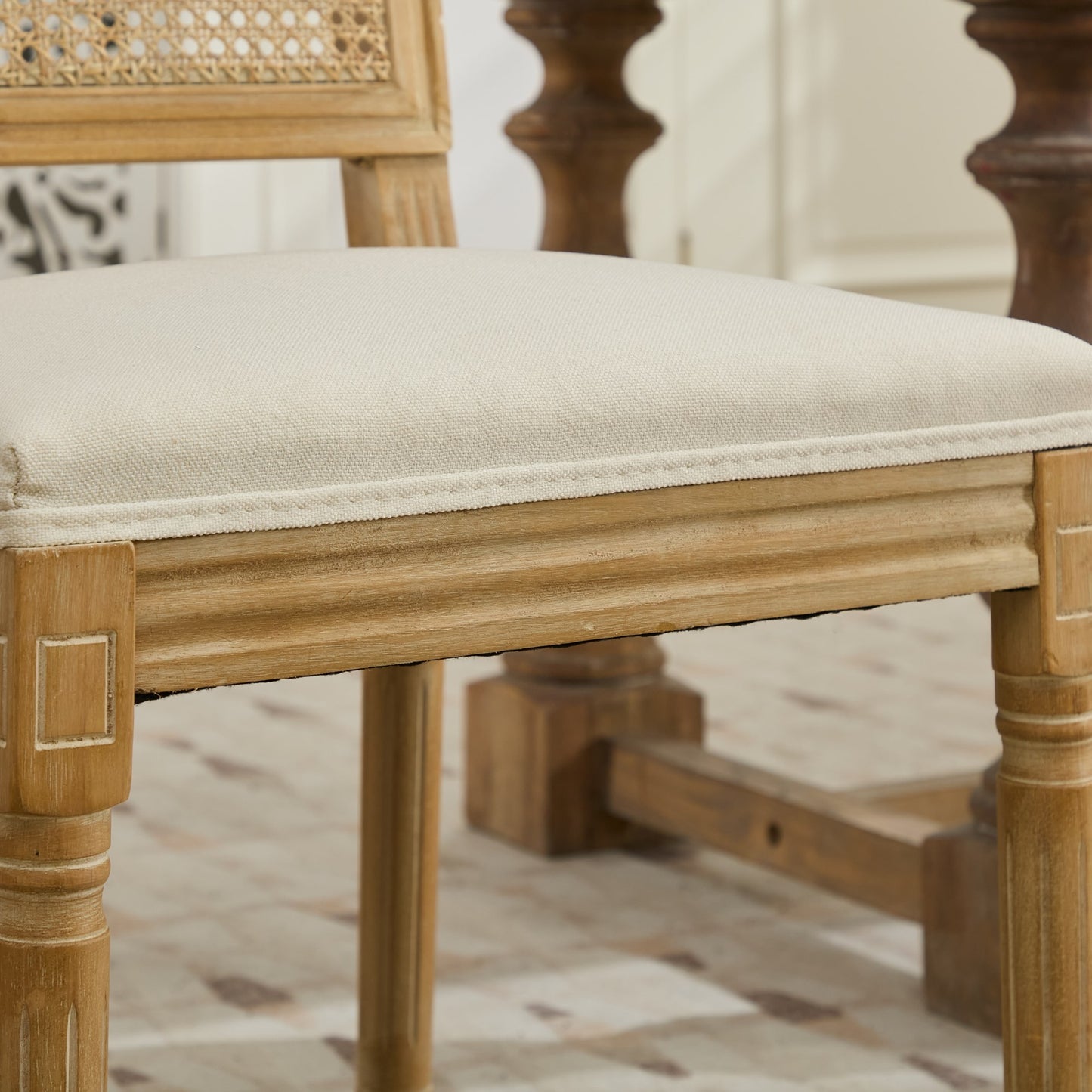 French Decor Chairs Set of 2, Louis Dining Chairs with Square Rattan Backrest and Exquisitely Carved Solid Wood Frame for Living Room, Kitchen, Restaurant,SW1779BG, Beige