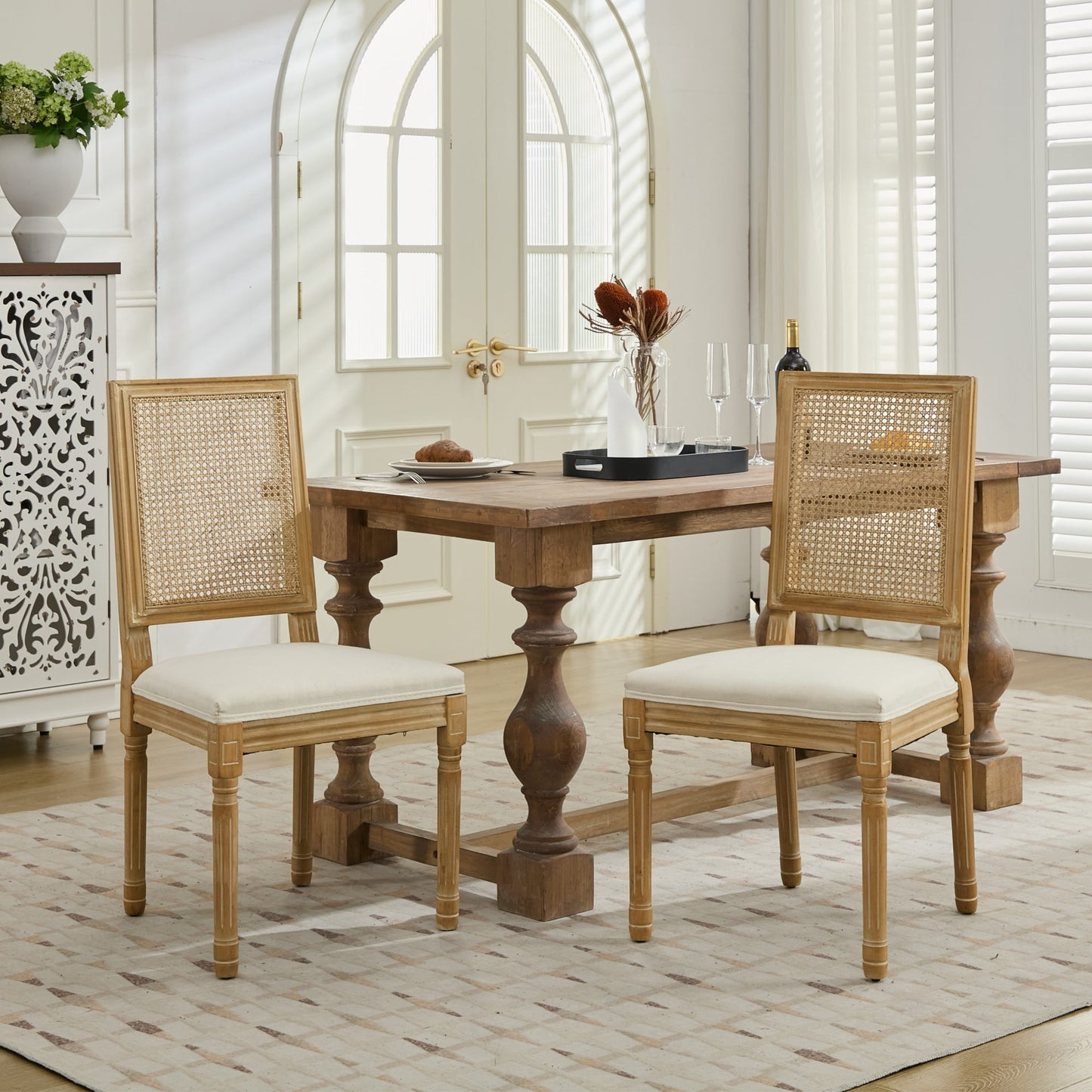 French Decor Chairs Set of 2, Louis Dining Chairs with Square Rattan Backrest and Exquisitely Carved Solid Wood Frame for Living Room, Kitchen, Restaurant,SW1779BG, Beige