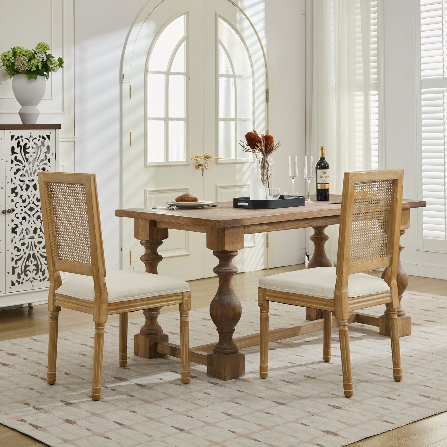 French Decor Chairs Set of 2, Louis Dining Chairs with Square Rattan Backrest and Exquisitely Carved Solid Wood Frame for Living Room, Kitchen, Restaurant,SW1779BG, Beige