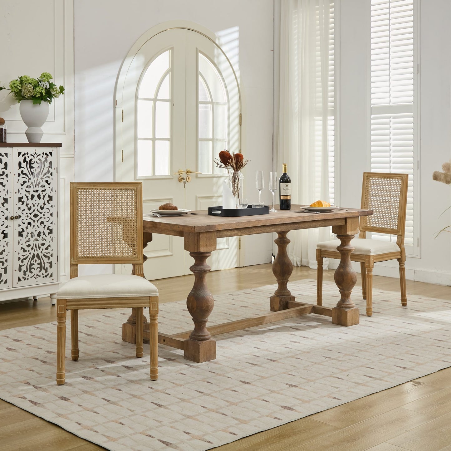 French Decor Chairs Set of 2, Louis Dining Chairs with Square Rattan Backrest and Exquisitely Carved Solid Wood Frame for Living Room, Kitchen, Restaurant,SW1779BG, Beige