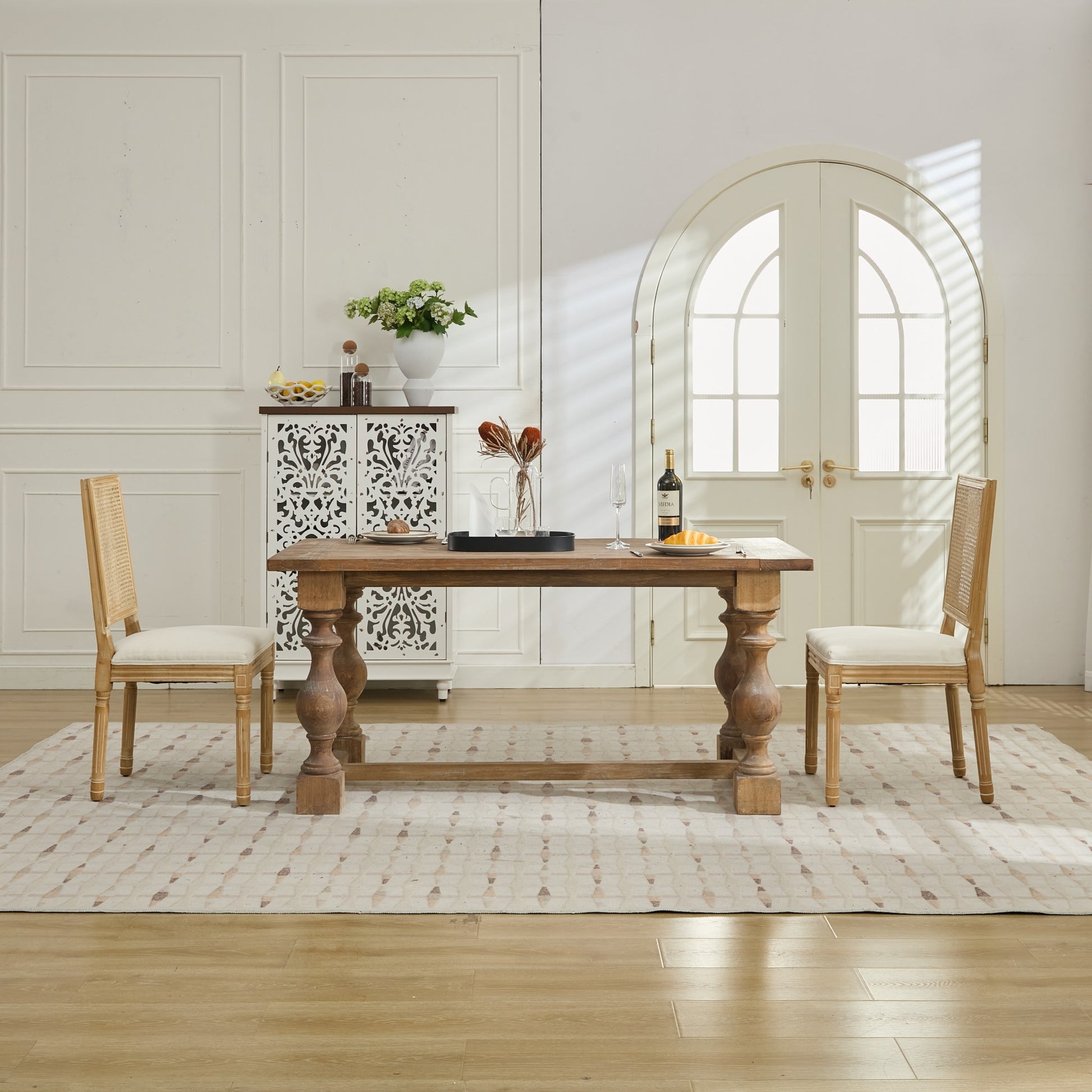 French Decor Chairs Set of 2, Louis Dining Chairs with Square Rattan Backrest and Exquisitely Carved Solid Wood Frame for Living Room, Kitchen, Restaurant,SW1779BG, Beige