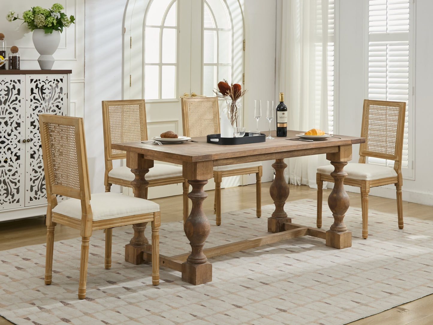 French Decor Chairs Set of 2, Louis Dining Chairs with Square Rattan Backrest and Exquisitely Carved Solid Wood Frame for Living Room, Kitchen, Restaurant,SW1779BG, Beige