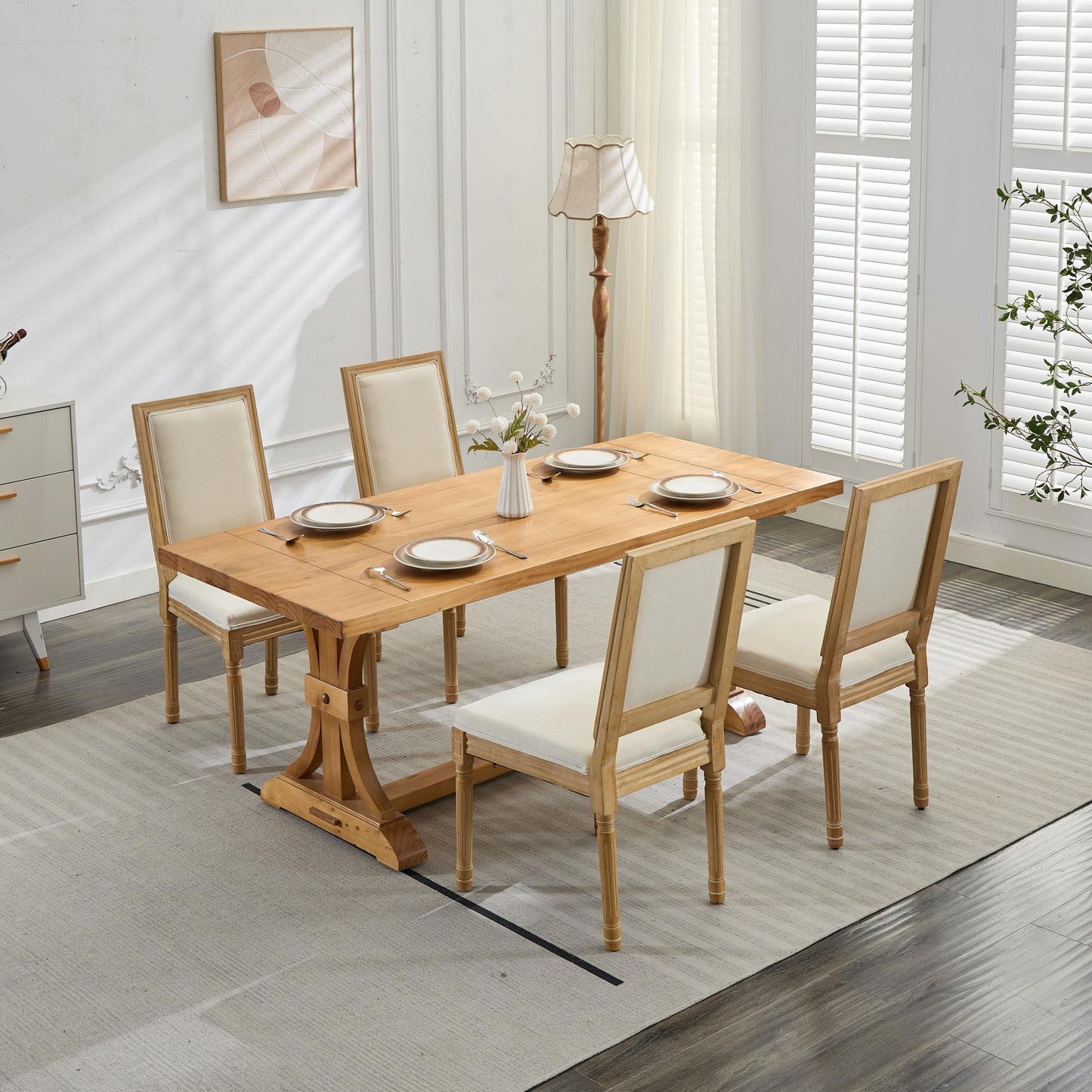 French Decor Chairs Set of 2, Louis Dining Chairs with Square Backrest and Exquisitely Carved Solid Wood Frame for Living Room, Kitchen, Restaurant,SW1879BG, Beige