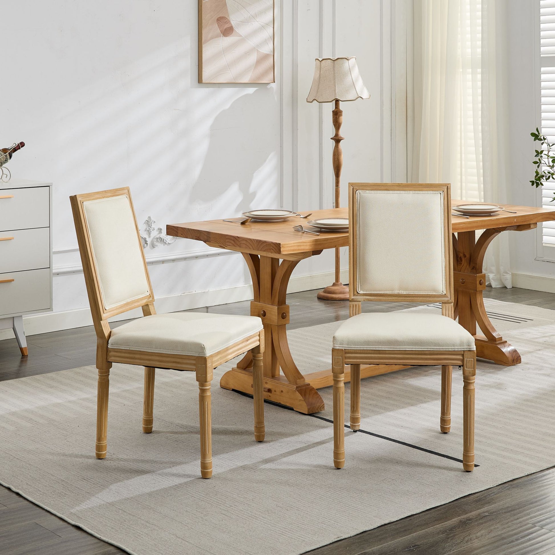 French Decor Chairs Set of 2, Louis Dining Chairs with Square Backrest and Exquisitely Carved Solid Wood Frame for Living Room, Kitchen, Restaurant,SW1879BG, Beige