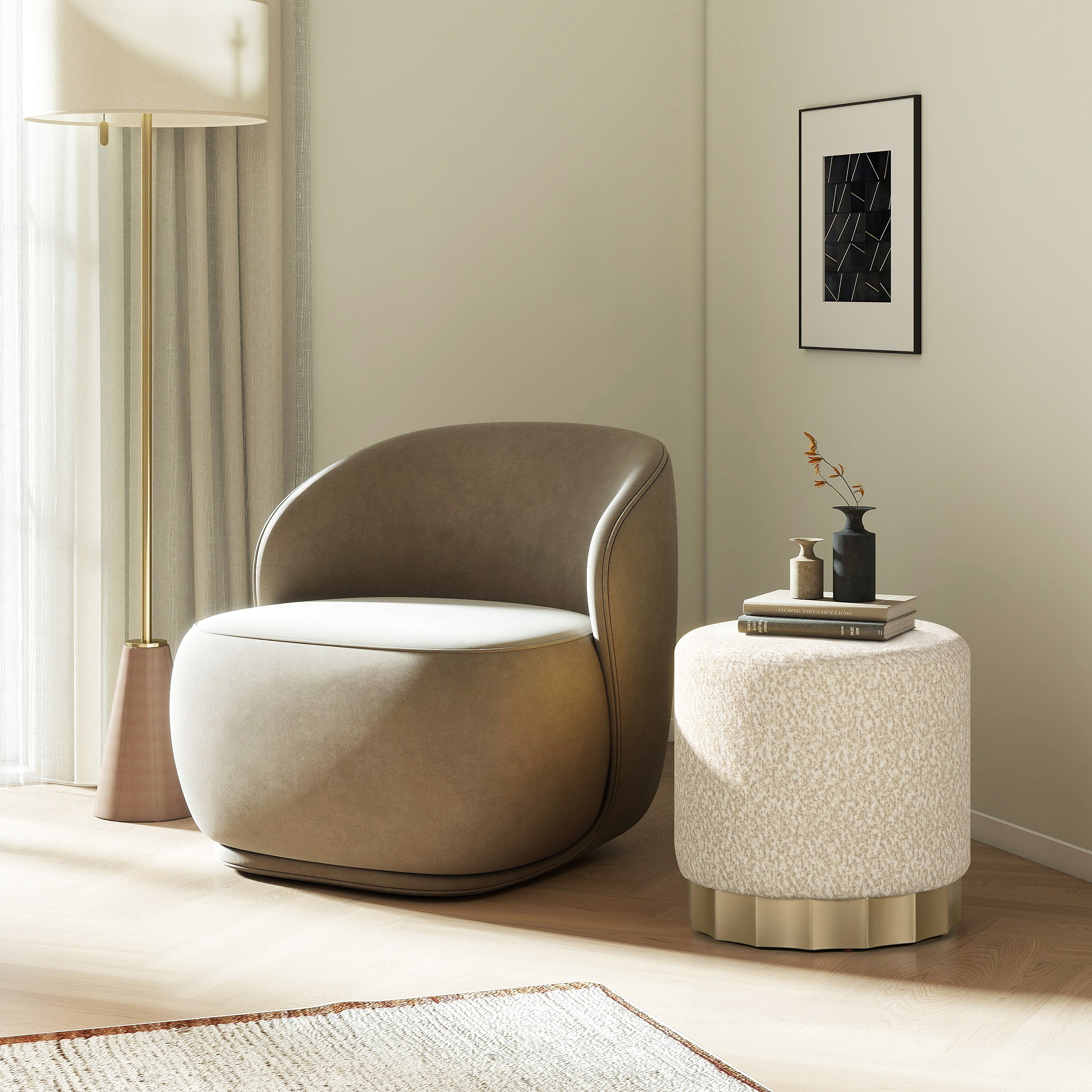 Hampton 18' Round Upholstered Ottoman with Scalloped Base, Speckled Egg Beige Chenille - Groovy Boardz