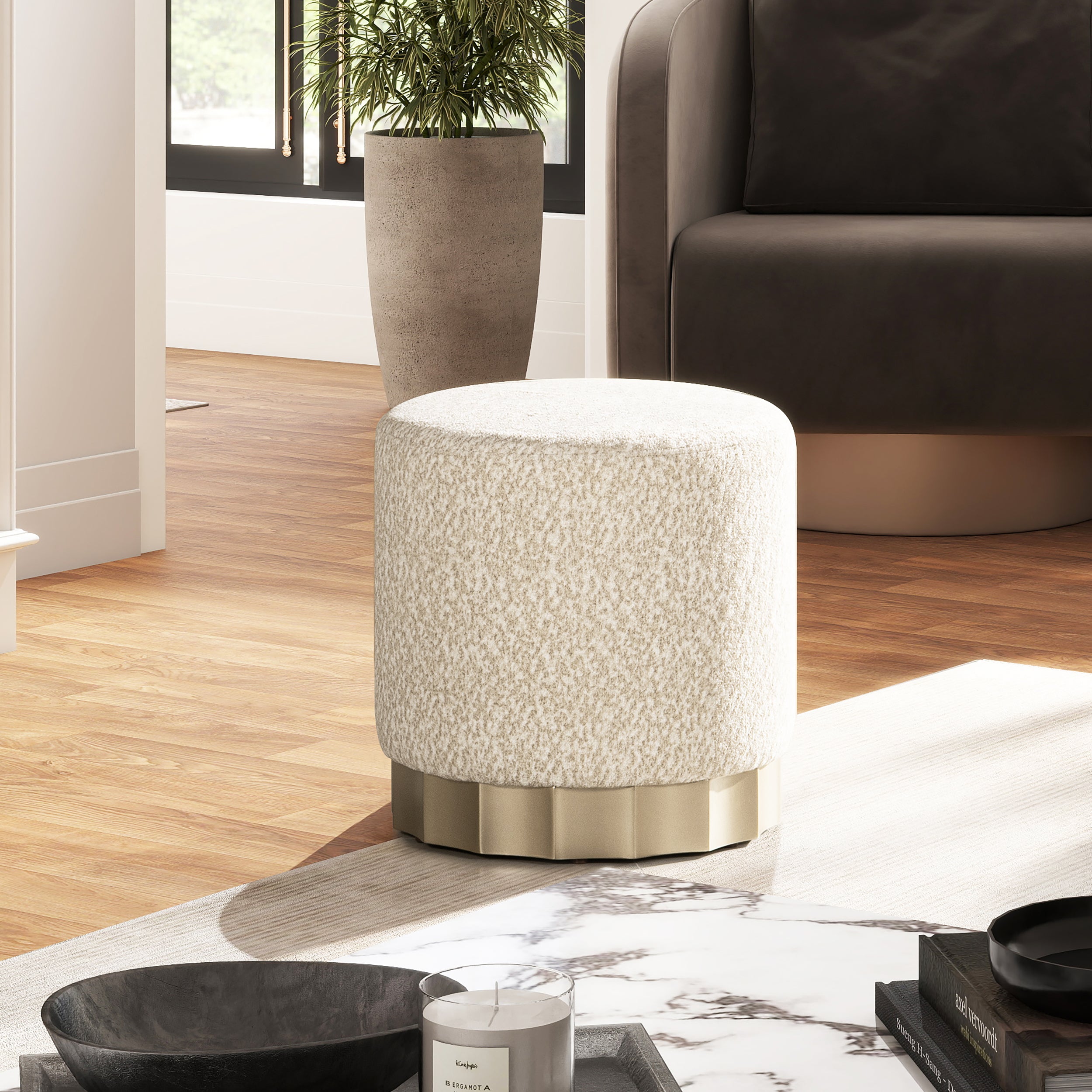 Hampton 18' Round Upholstered Ottoman with Scalloped Base, Speckled Egg Beige Chenille - Groovy Boardz