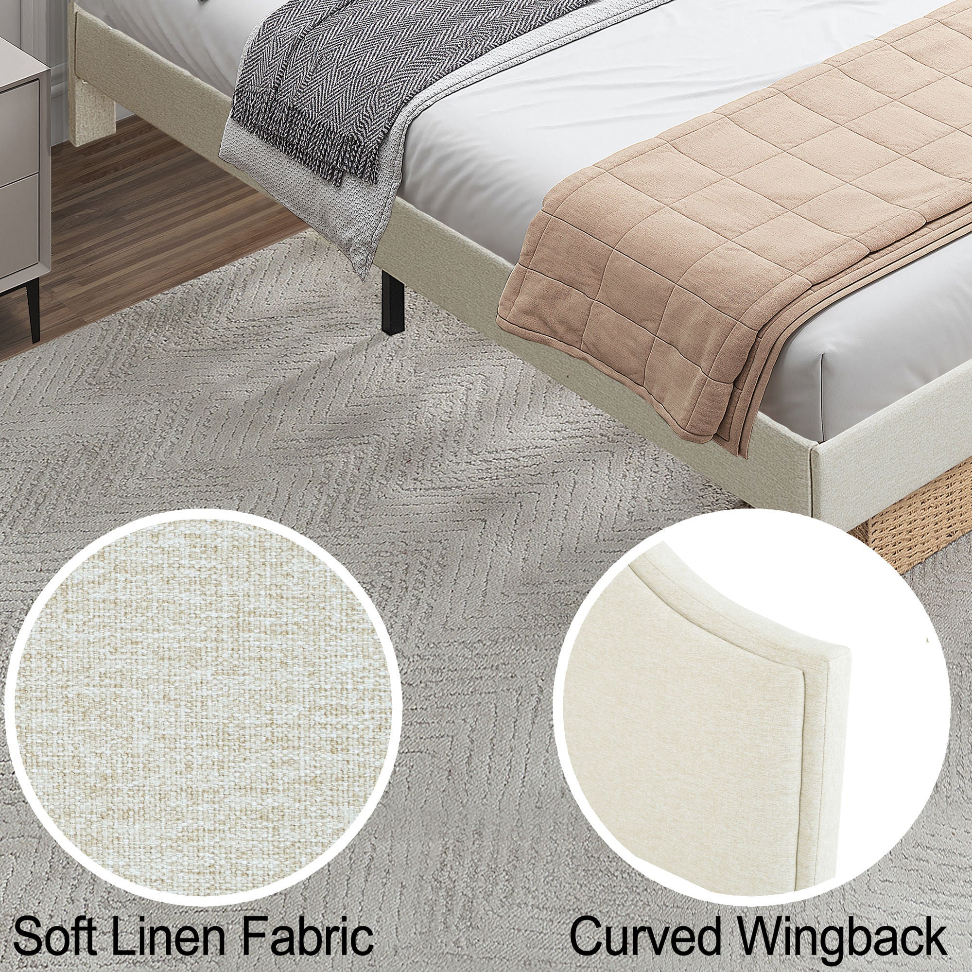 King Size Bed Frame Upholstered Platform Bed with Adjustable Headboard,Linen Fabric Padded,Modern Simple Style Platform Bed No Box Spring Needed, Easy Assembly, Beige