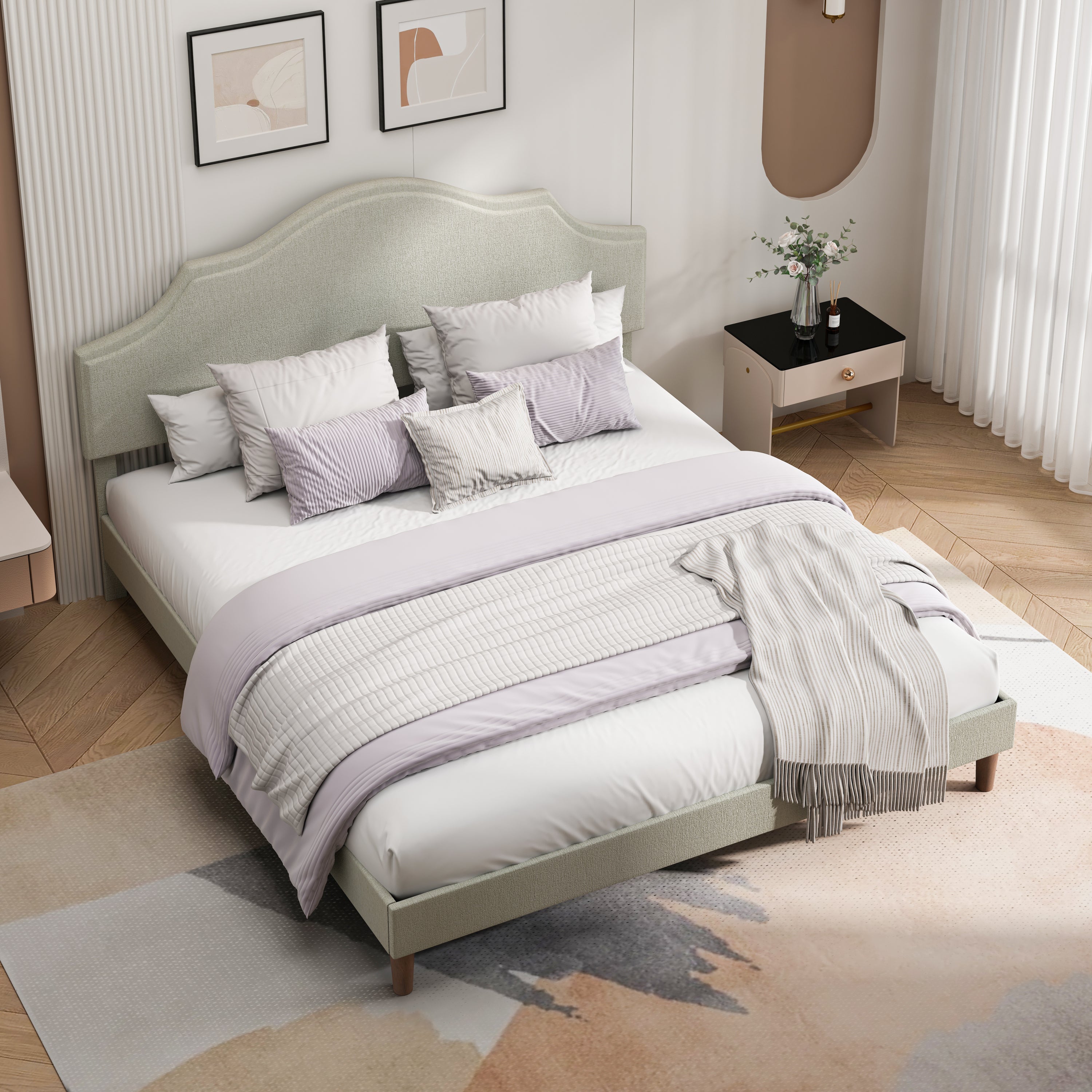 King Size Bed Frame Upholstered Platform Bed with Adjustable Headboard,Linen Fabric Padded,Modern Simple Style Platform Bed No Box Spring Needed, Easy Assembly, Beige