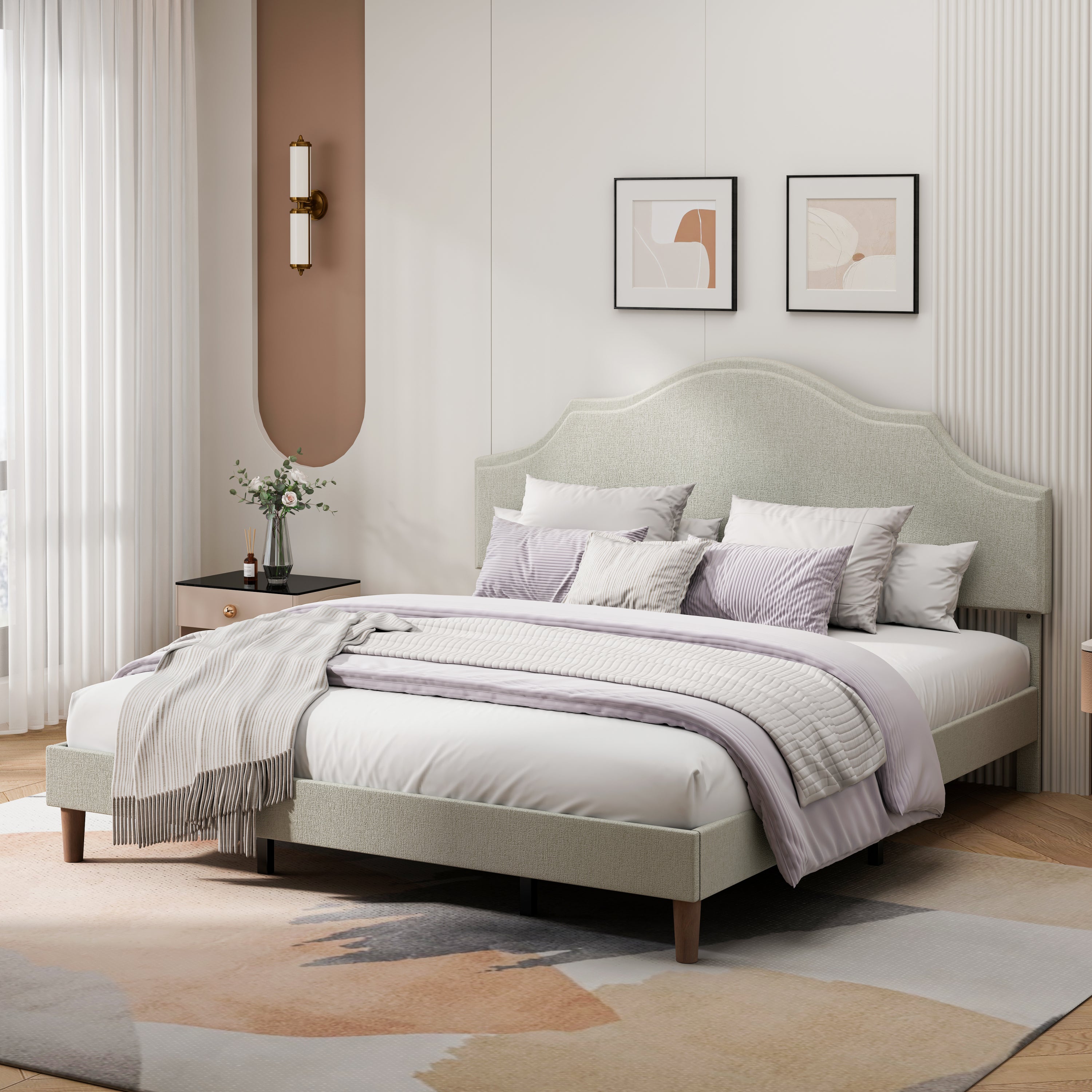 King Size Bed Frame Upholstered Platform Bed with Adjustable Headboard,Linen Fabric Padded,Modern Simple Style Platform Bed No Box Spring Needed, Easy Assembly, Beige