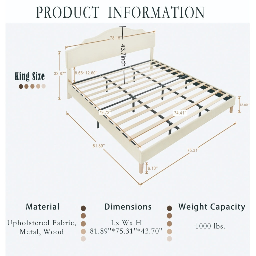 King Size Bed Frame Upholstered Platform Bed with Adjustable Headboard,Linen Fabric Padded,Modern Simple Style Platform Bed No Box Spring Needed, Easy Assembly, Beige