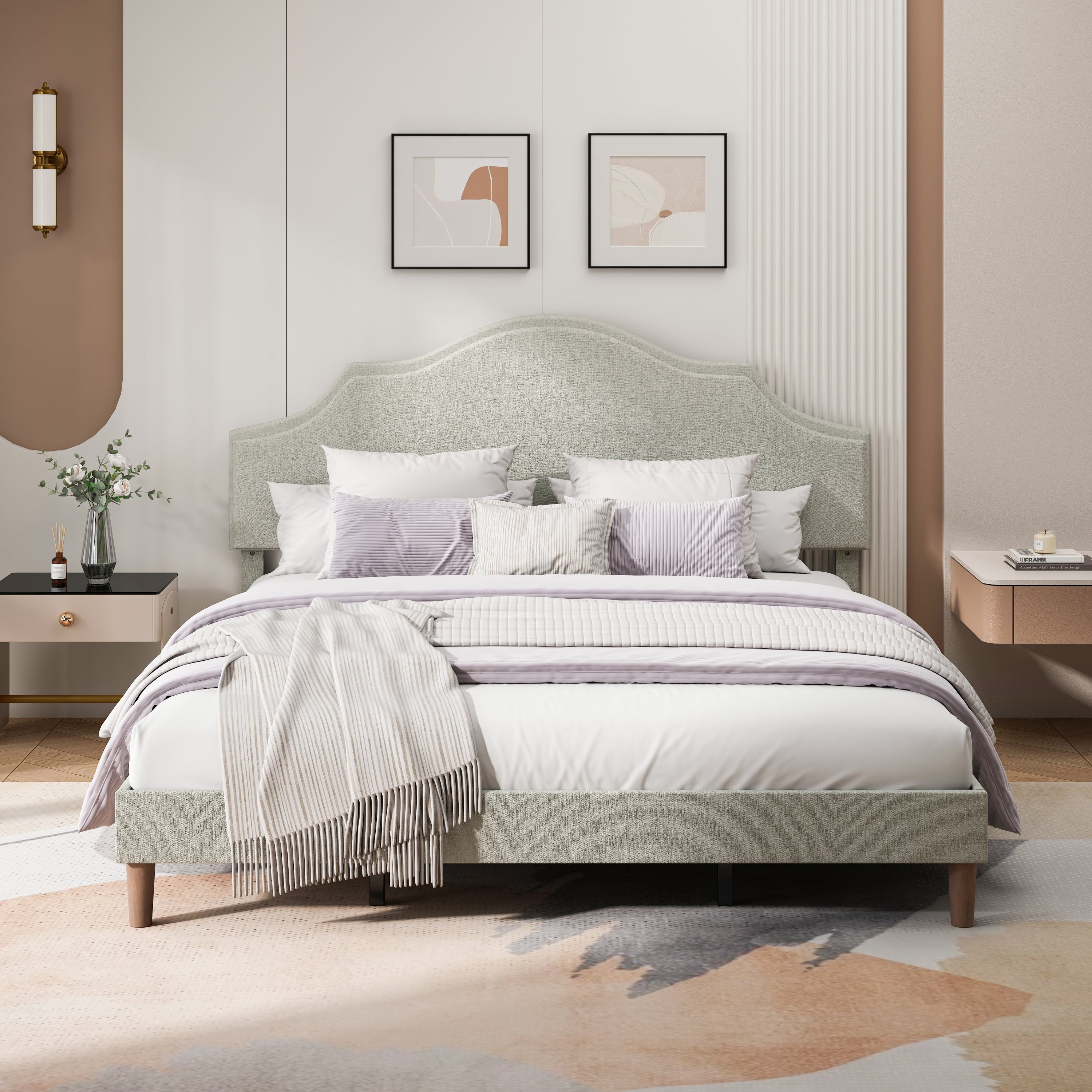 King Size Bed Frame Upholstered Platform Bed with Adjustable Headboard,Linen Fabric Padded,Modern Simple Style Platform Bed No Box Spring Needed, Easy Assembly, Beige