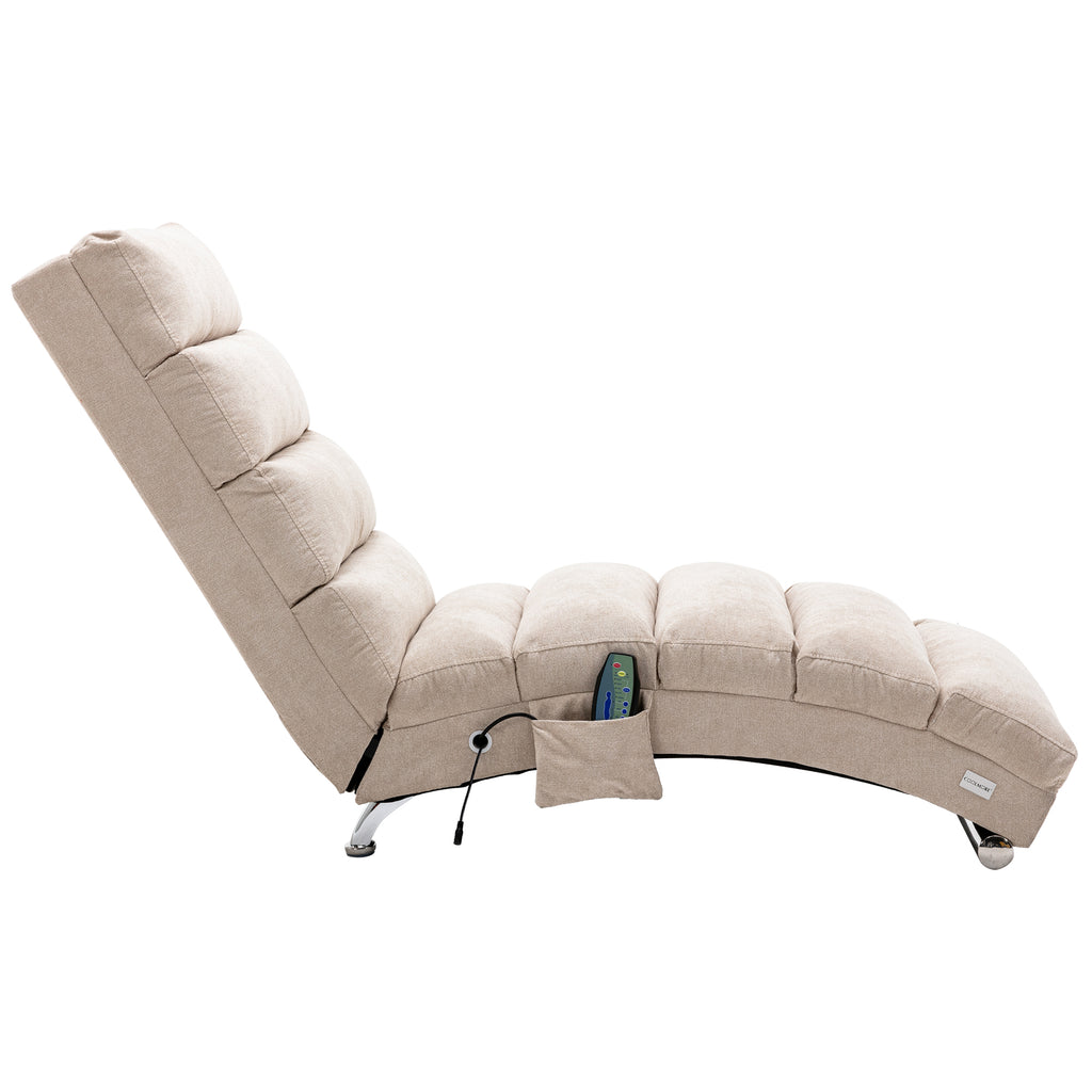 Linen Massage Chaise Lounge Indoor with Remote Control, Ergonomic Electric Massage Lounger in Beige