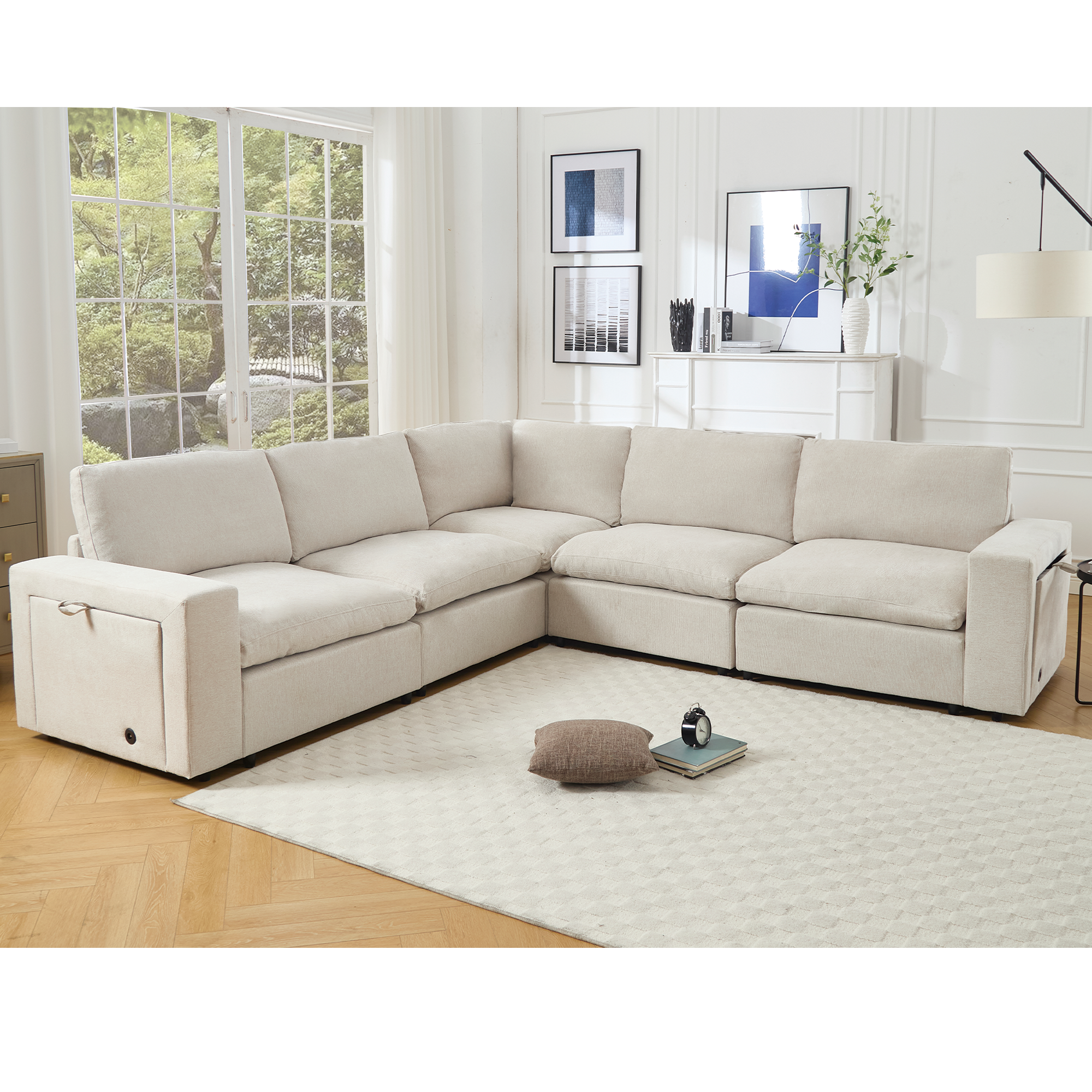 [NEW ARRIVED] [VIDEO PROVIDED]Sectional Couches For Living Room,Modular Couch,Wireless Charging Port & Cup Holders,5-seat ,DIY Combination,L-shaped Sofa,Book Storage Space,Soft Linen Fabric,Beige
