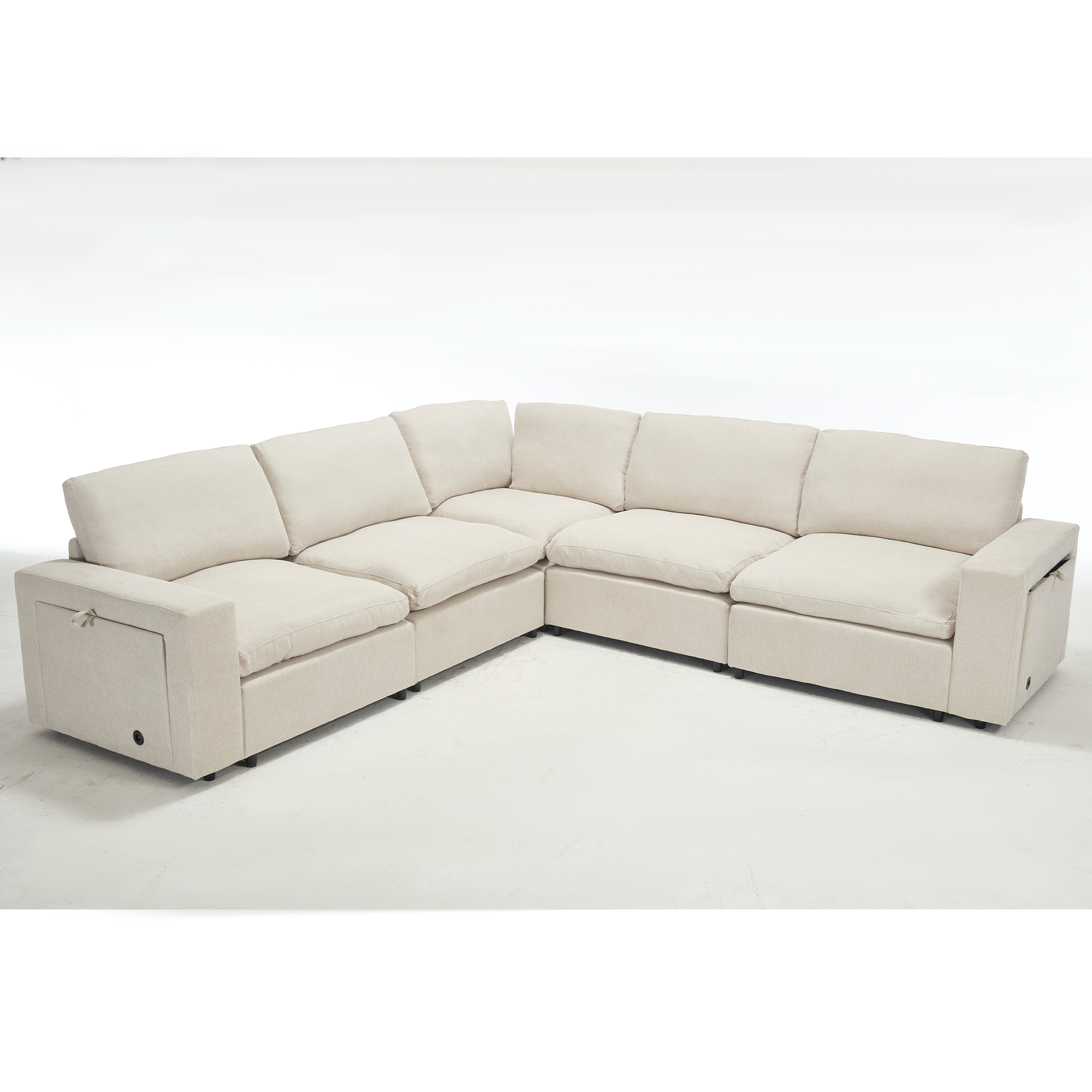 [NEW ARRIVED] [VIDEO PROVIDED]Sectional Couches For Living Room,Modular Couch,Wireless Charging Port & Cup Holders,5-seat ,DIY Combination,L-shaped Sofa,Book Storage Space,Soft Linen Fabric,Beige